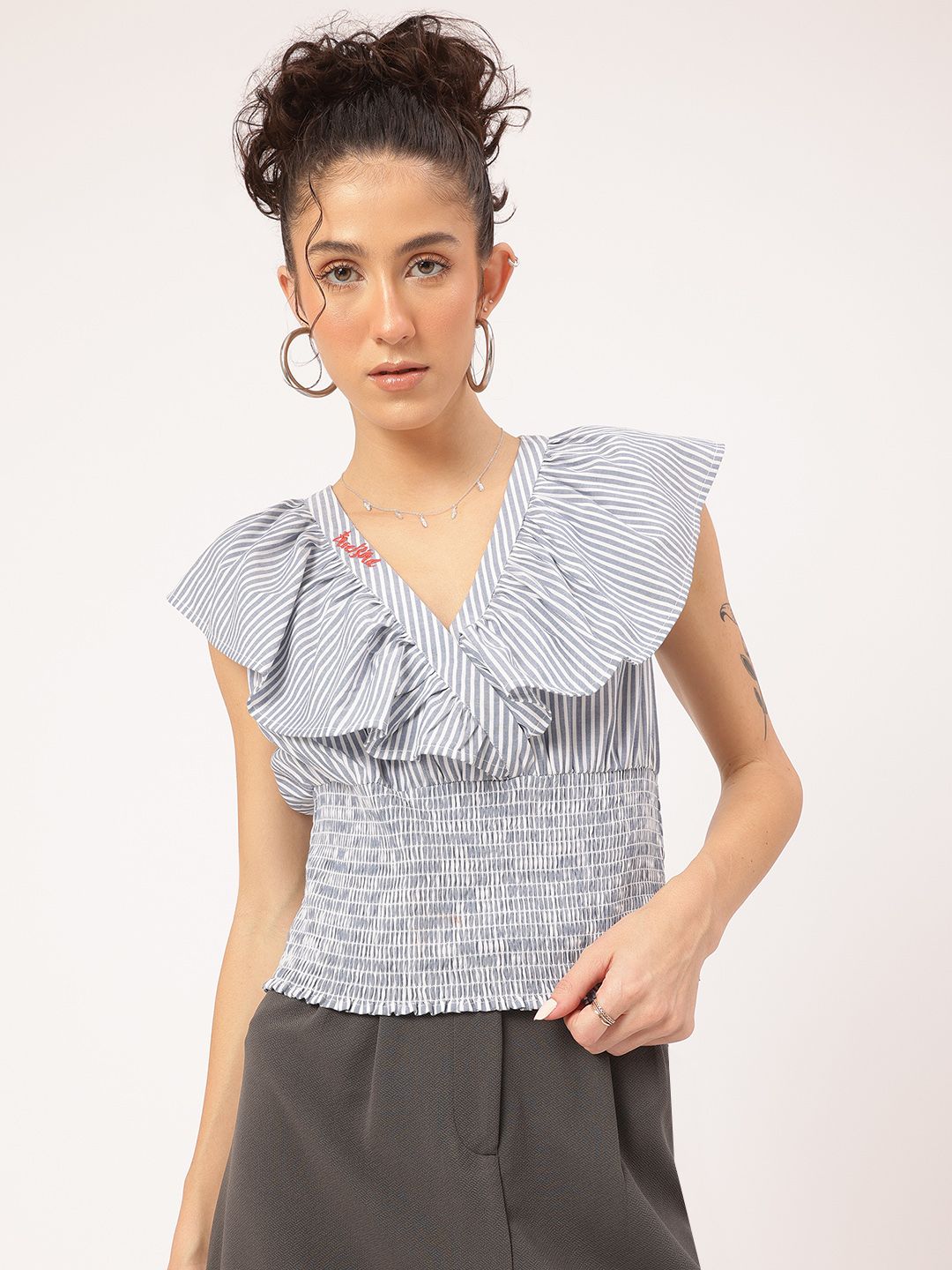 DressBerry Ruffle Truffle Striped Smocked Cinched Waist Top