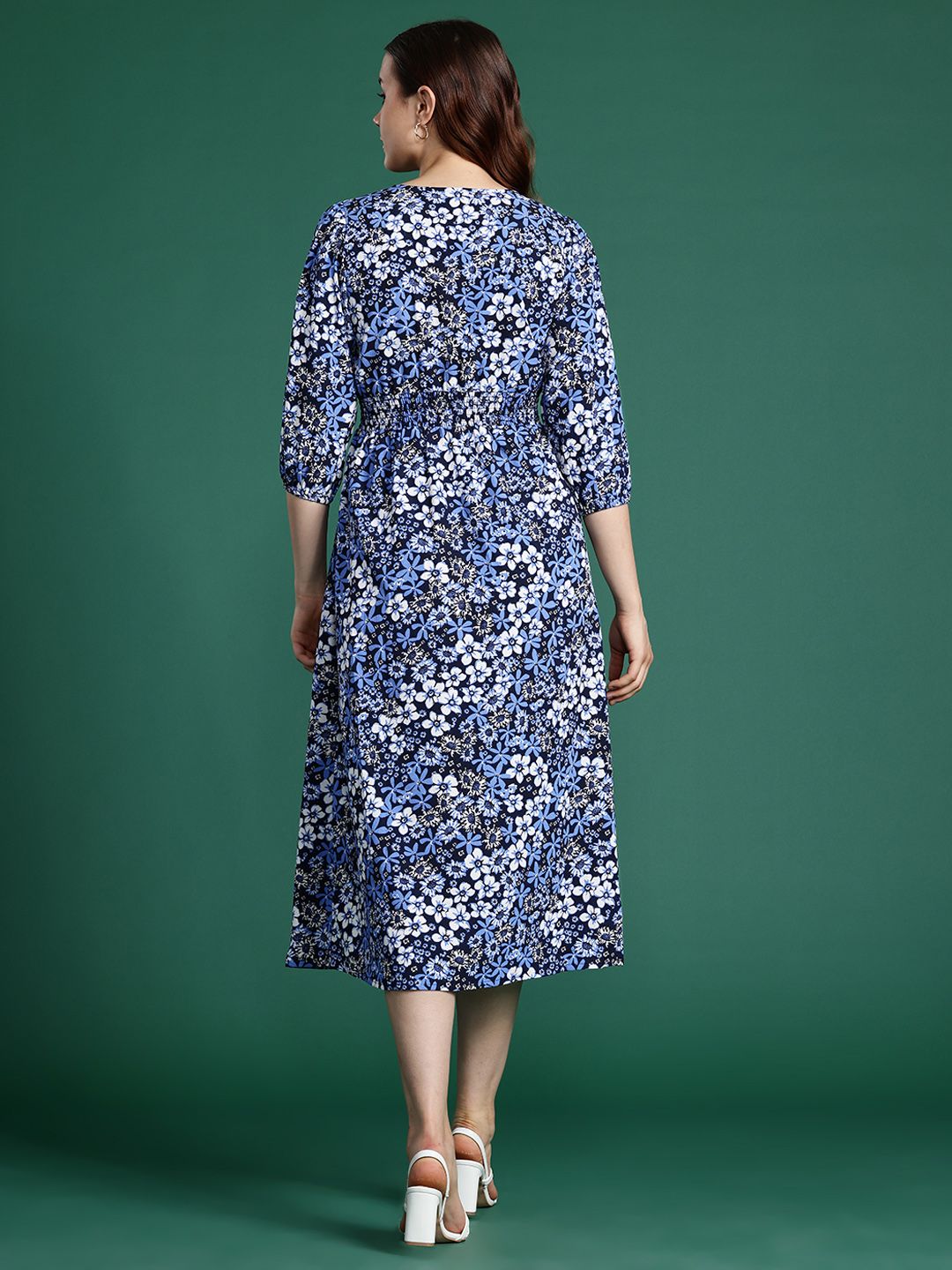 DressBerry Floral Print Puff Sleeve Midi Dress