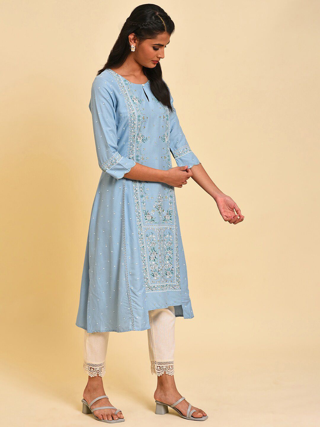 W Floral Printed Keyhole Neck A-Line Kurta