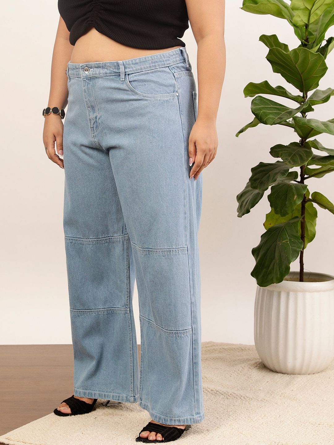 CURVY STREET Women Plus Size Blue Mid-Rise Clean Look Pure Cotton Wide Leg Jeans