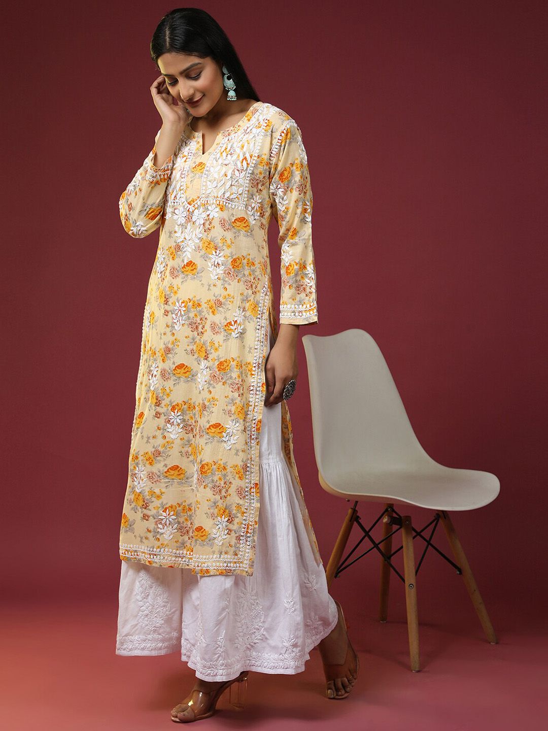 HOUSE OF KARI Women Floral Printed Thread Work Cotton Kurta