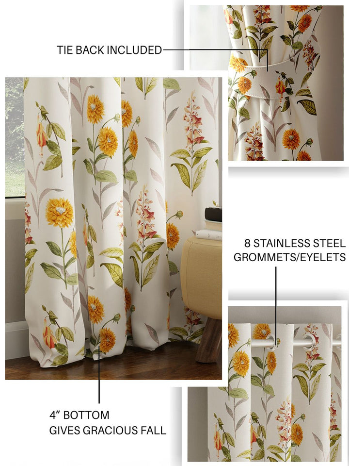URBAN SPACE Pack of 2 White & Yellow Floral Printed Room Darkening Long Door Curtain
