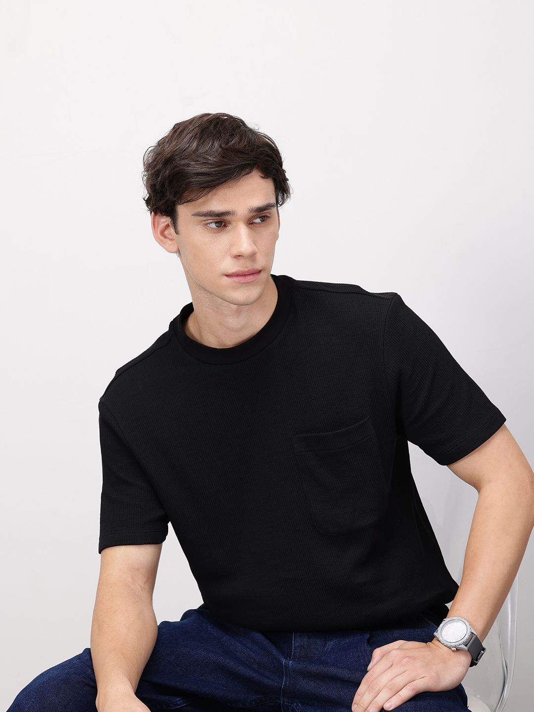 ether Grower Men Round Neck Ribbed Organic Cotton Comfort Fit T-shirt