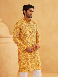 SOJANYA Kurta Bercetak Motif Etnik Kuning & Hitam Lelaki