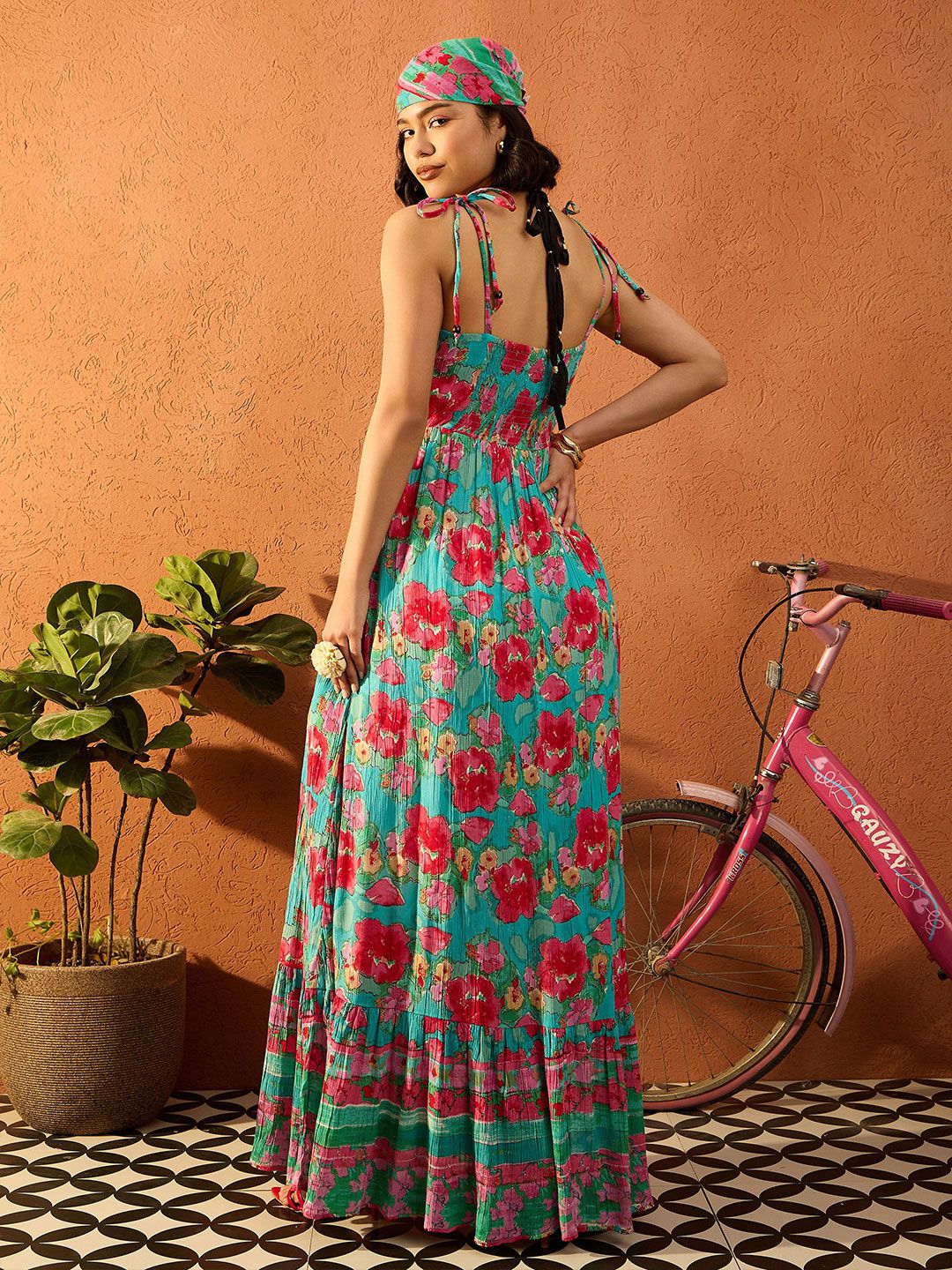 Pink Paprika by SASSAFRAS Floral Printed Gathered or Pleated Maxi Dress