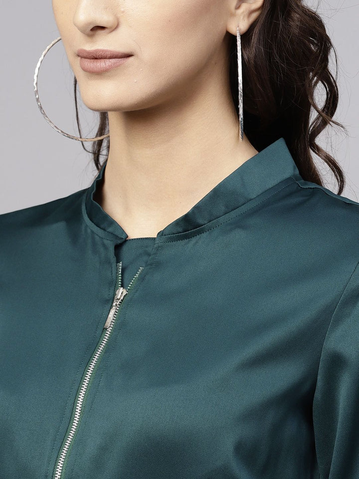 STREET 9 Women Teal Green Solid Satin Cropped Bomber Jacket