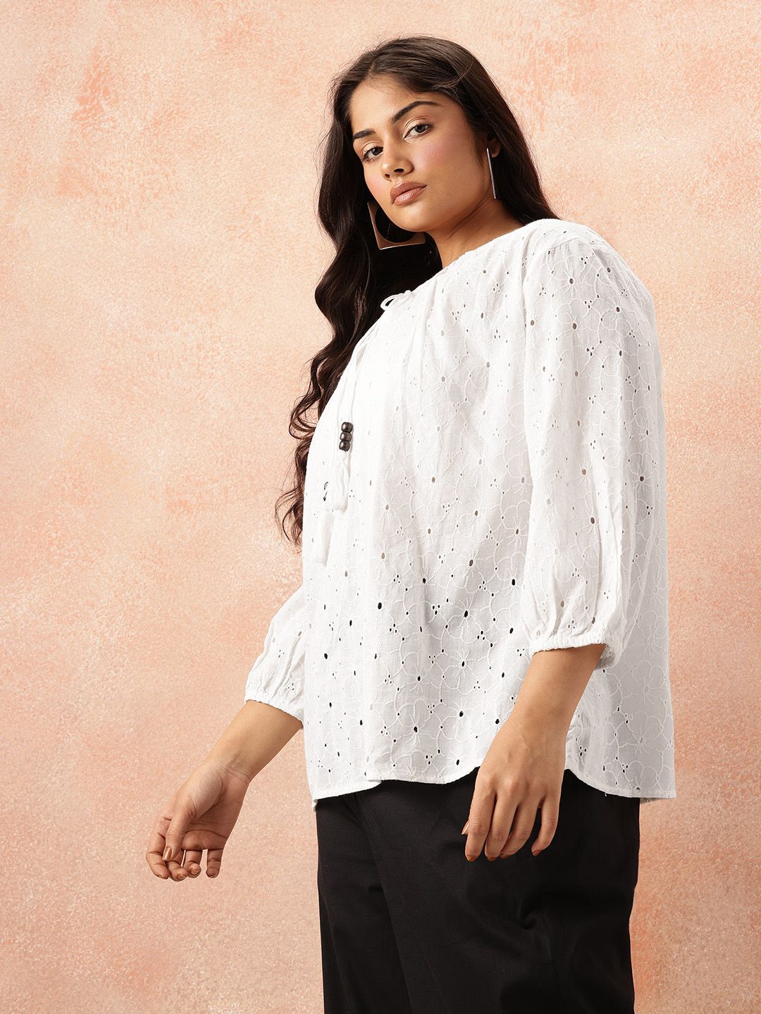 all about you Plus Size Floral Tie-Up Neck Pure Cotton Top