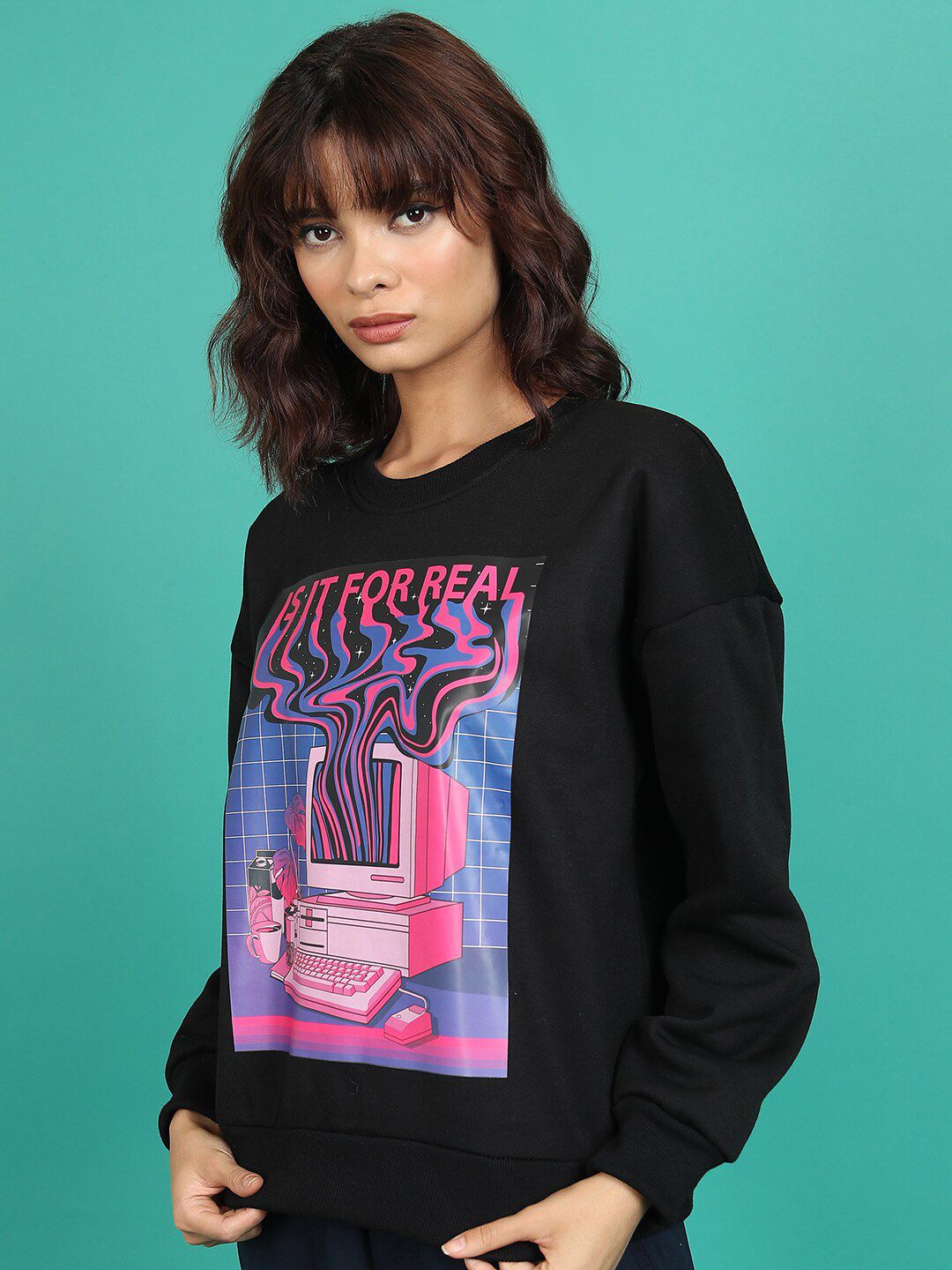 Tokyo Talkies Black Graphic Printed Oversized Pullover Sweatshirt