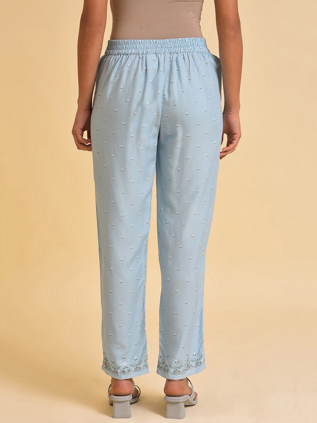 W Women Blue Floral Printed Slim Fit Trousers