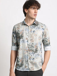 THE BEAR HOUSE Slim Fit Long Sleeves Spread Collar Cotton Opaque Printed Casual Shirt