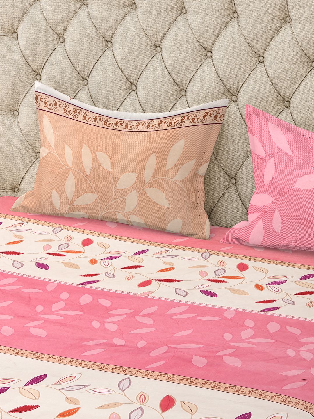 KLOTTHE Pink & Cream Floral 300 TC Fitted Super King Double Bedsheet with 2 Pillow Covers