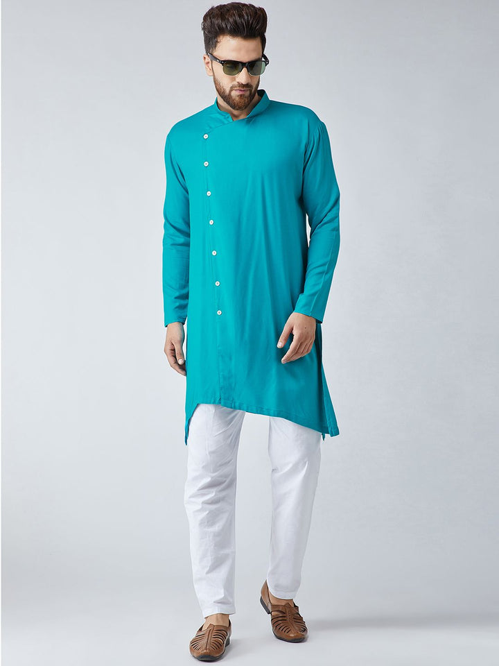 SOJANYA Men Turquoise Blue Solid Asymmetric Straight Kurta