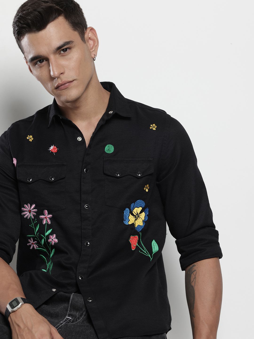 The Indian Garage Co Pure Cotton Floral Embroidered Casual Shirt