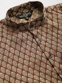 SOJANYA Men Maroon & Golden Self Design Kurta with Churidar & Nehru Jacket