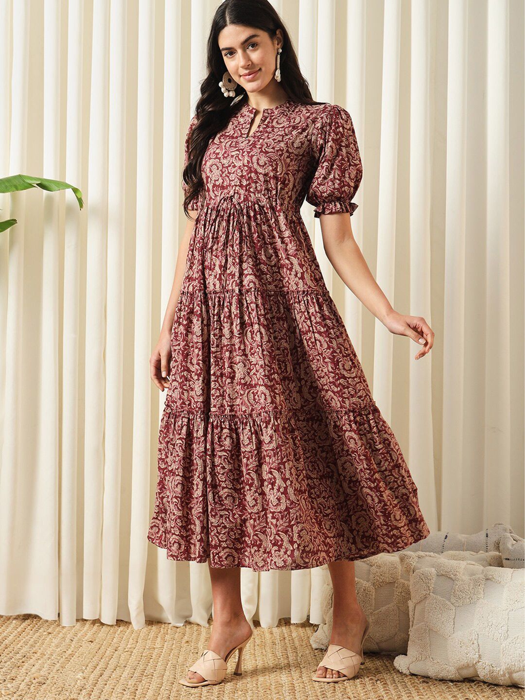 KALINI Floral Printed Mandarin Collar Puff Sleeves Cotton Fit and Flare Dress