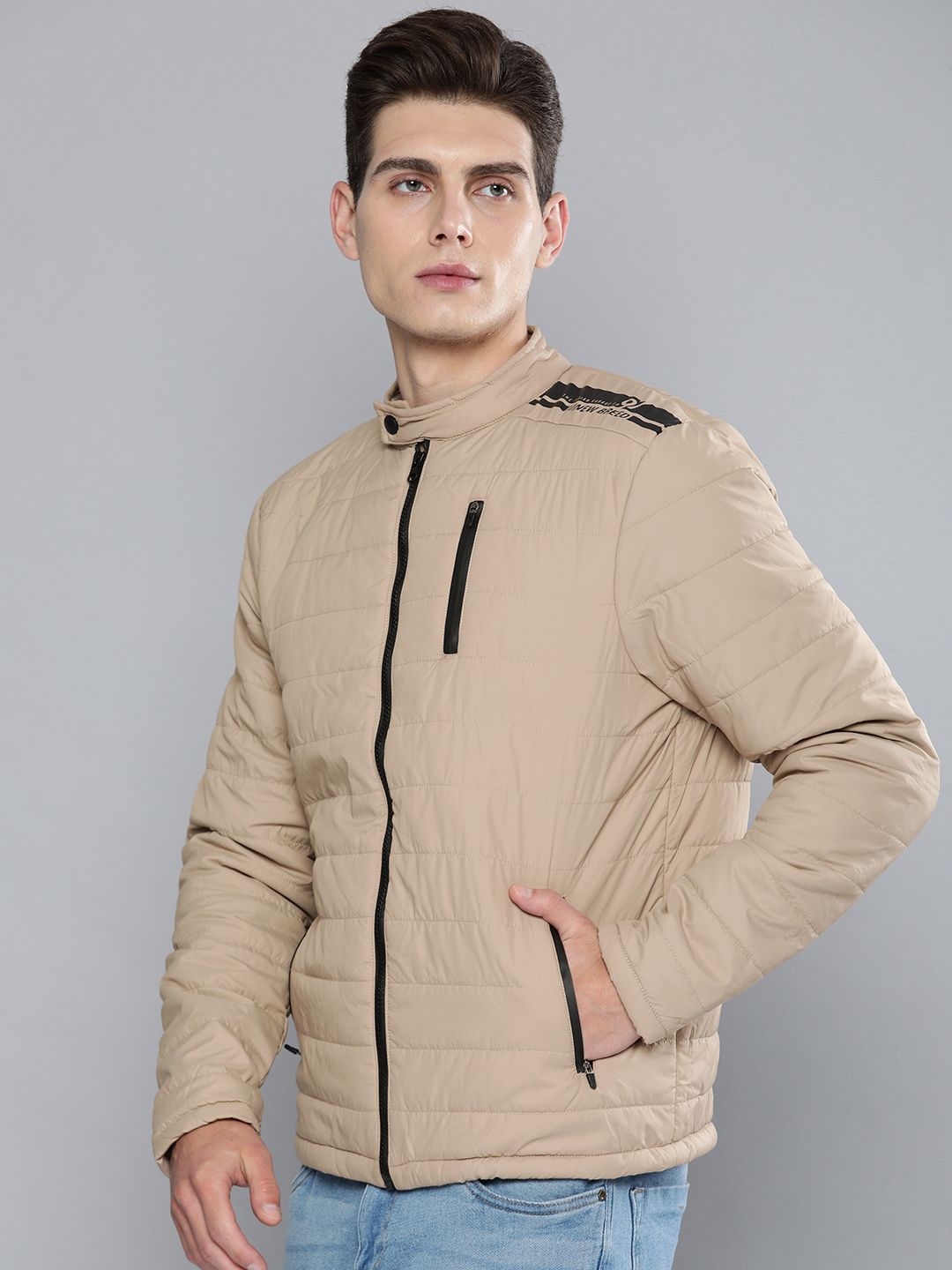 The Indian Garage Co Men Zip-Front Puffer Jacket with Zipper Pockets