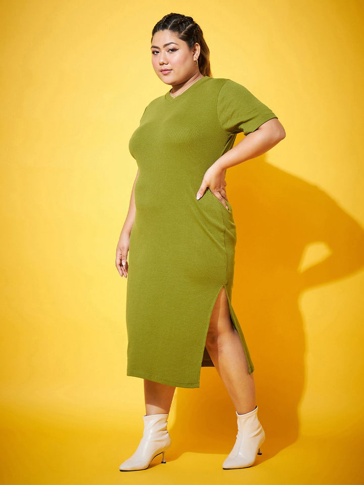 SASSAFRAS Curve Plus Size Round Neck Cotton Sheath Midi Dress