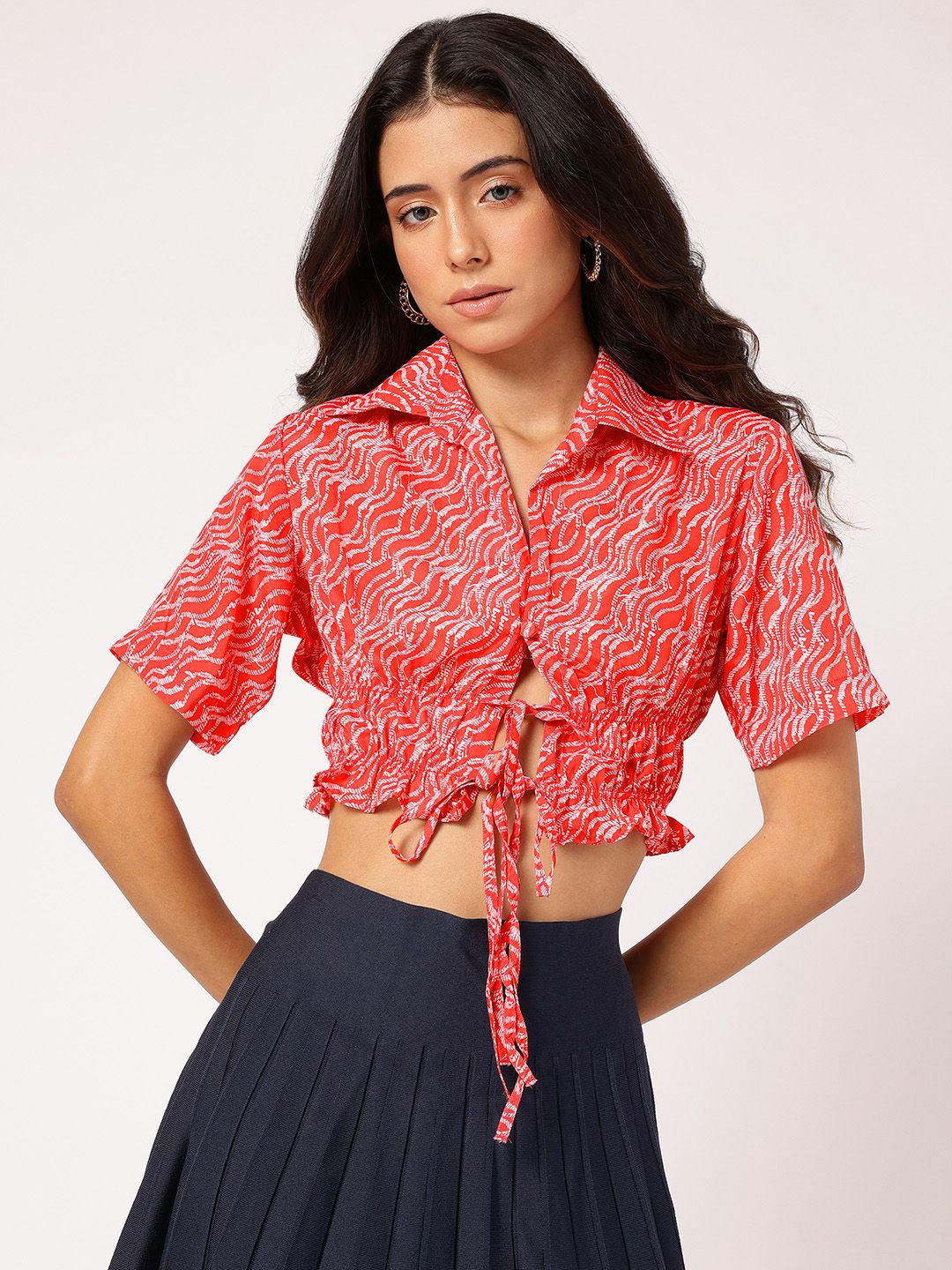 DressBerry Lace-Up Play Printed Crop Shirt Style Top