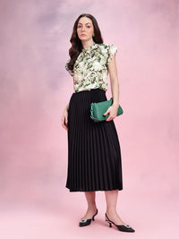 DressBerry Abstract Print Tie-Up Neck Flutter Sleeves Top with Ruffled Detail