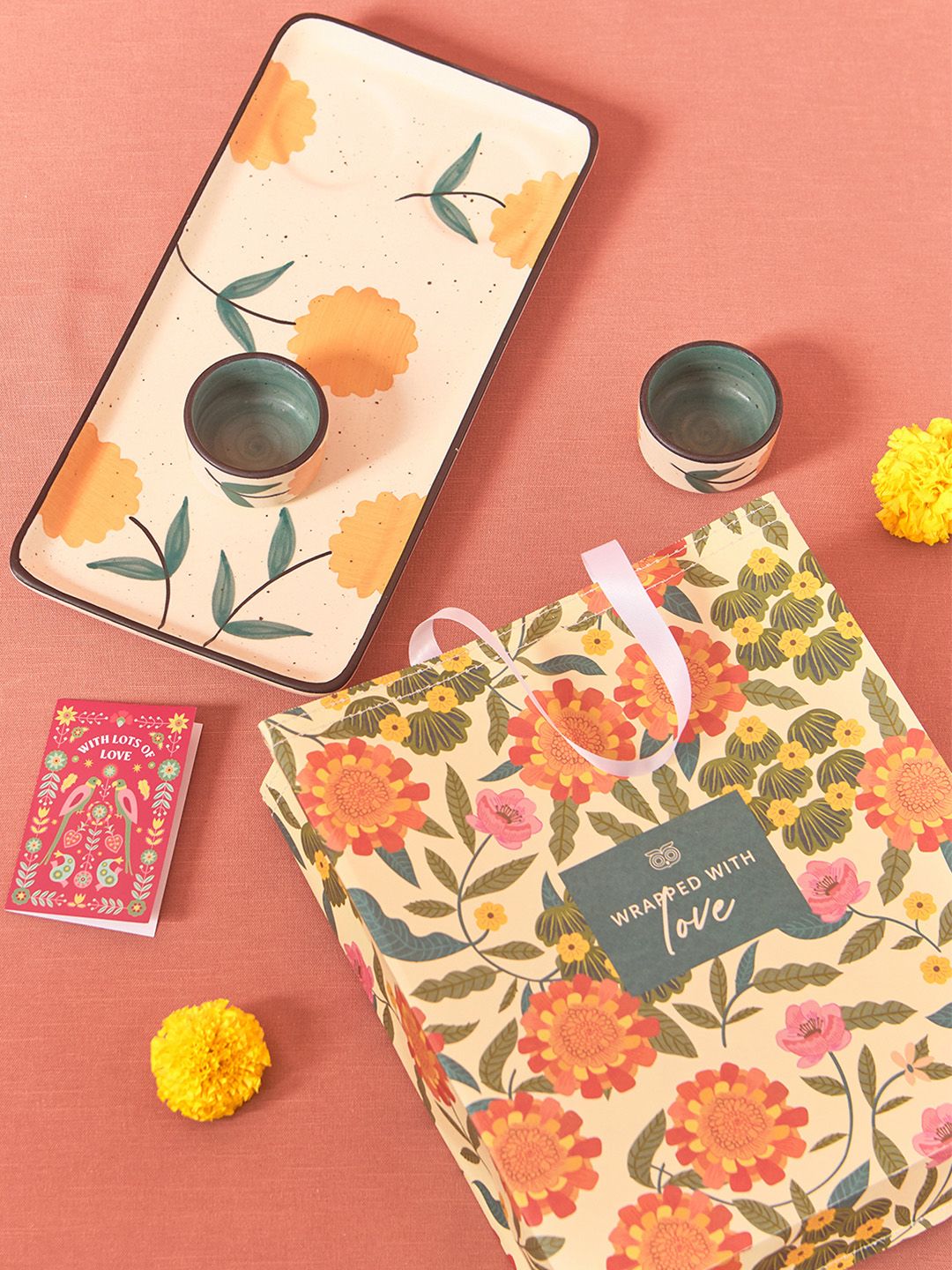 Chumbak White Marigold Handpainted Chip & Dip Platter