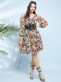 Antheaa Black Round Neck Floral Printed Chiffon Corset Fit & Flare Dress
