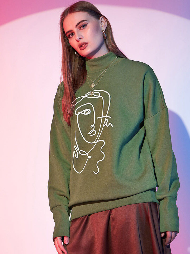 STREET 9 Olive Green Graphic Printed High Neck Cotton Sweatshirt