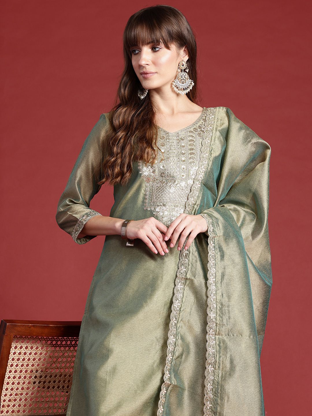 Indo Era Ethnic Motifs Embroidered Sequinned Liva Kurta With Trousers & Dupatta