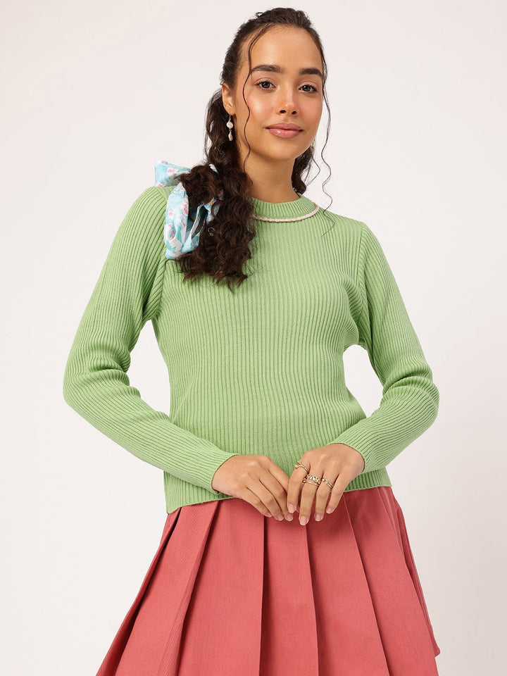 DressBerry Acrylic Striped Pullover with Embroidered Detail