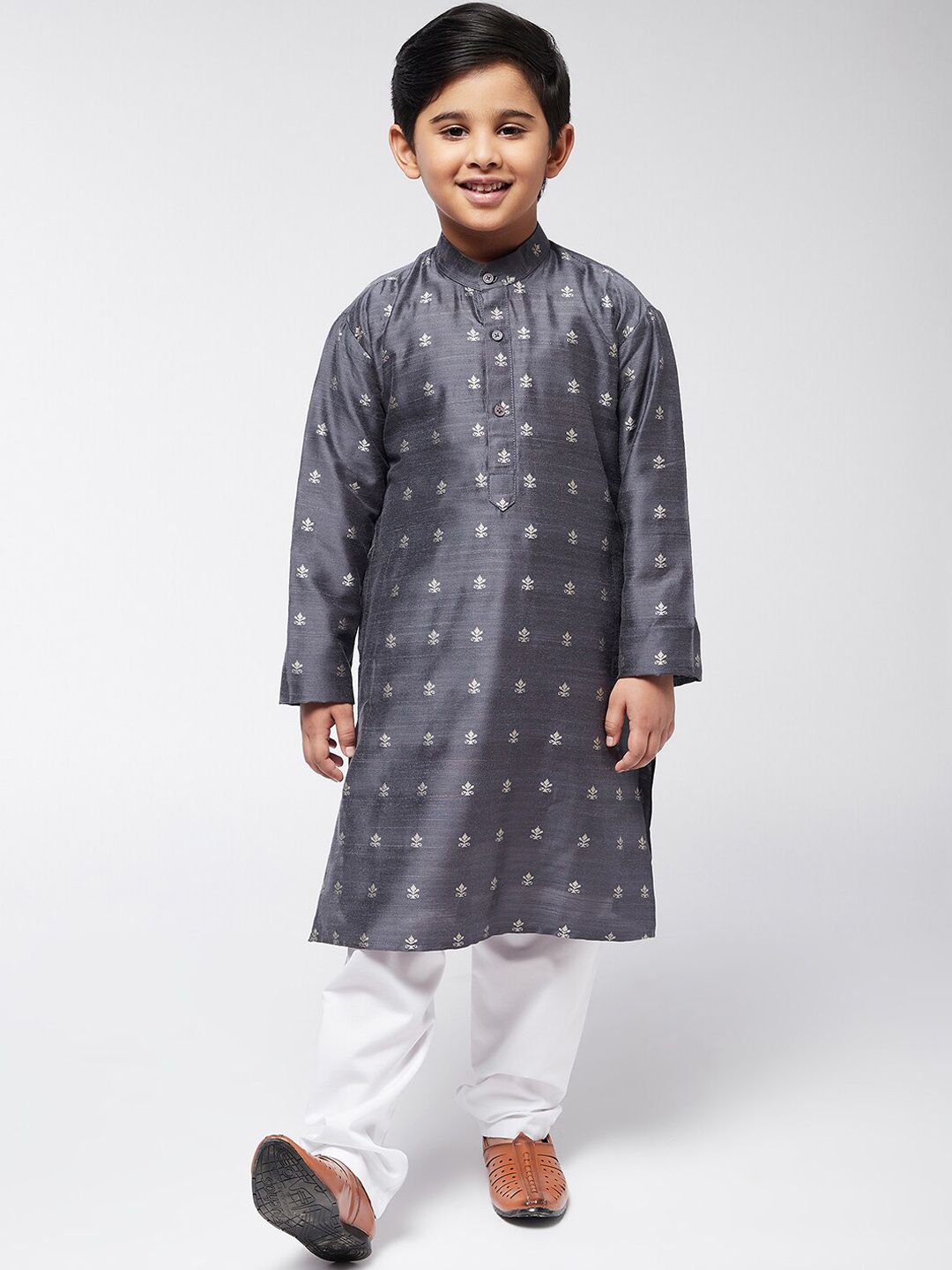 SOJANYA Boys Grey Printed Thread Work Kurta