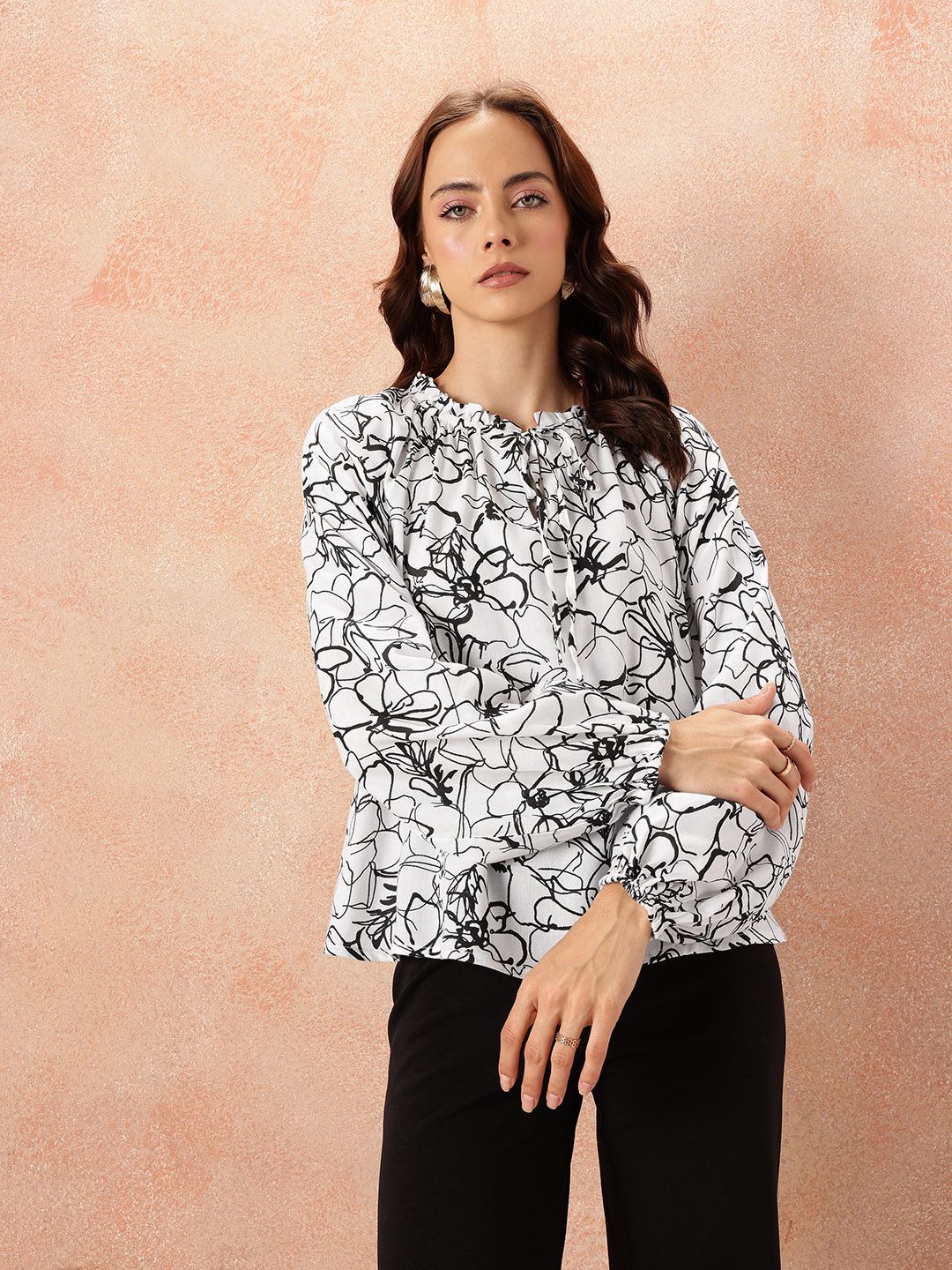 all about you Floral Print Tie-Up Neck Puff Sleeve Top
