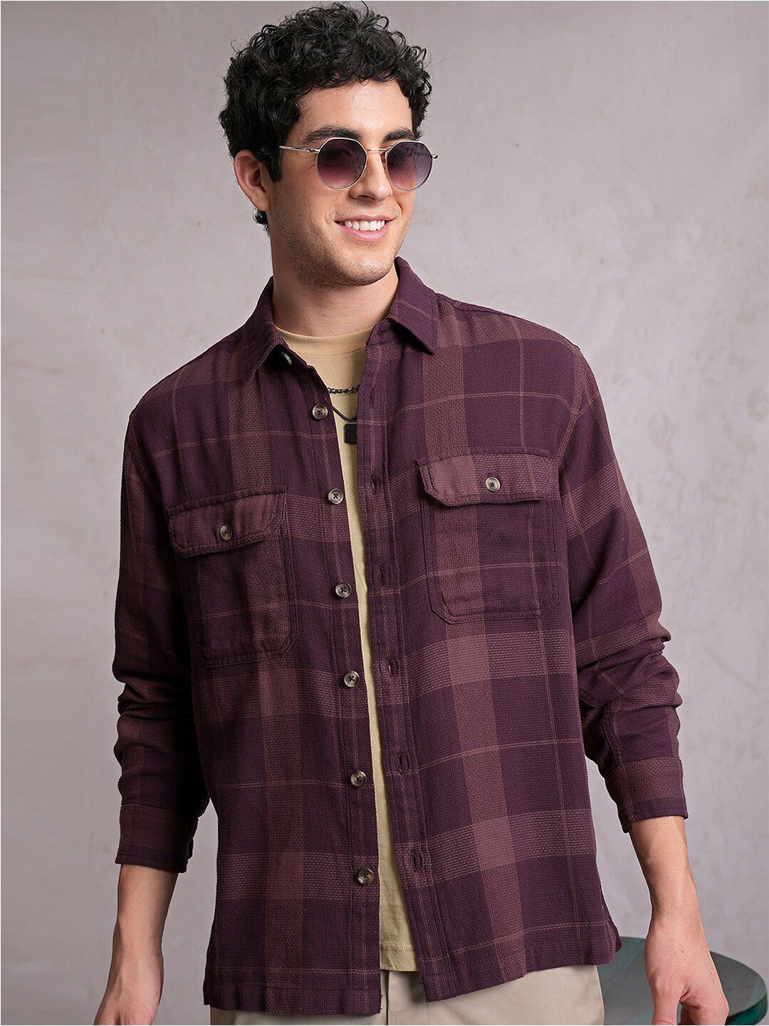 LOCOMOTIVE Dobby Textured Checked Utility Pocket Over Shirt