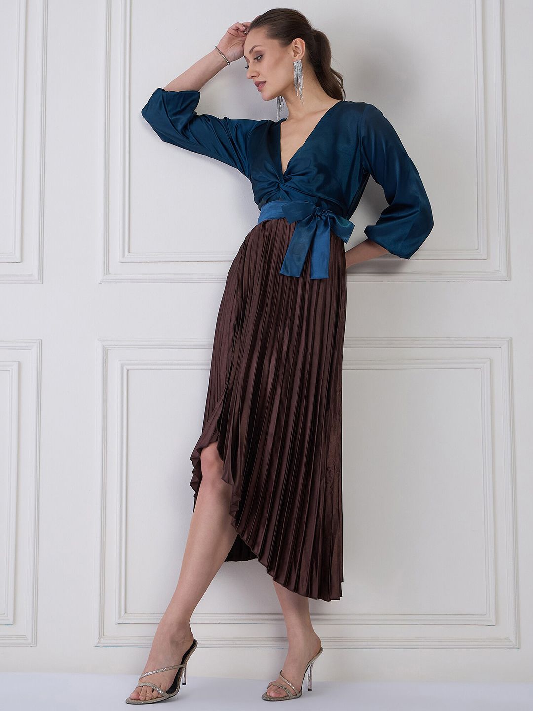 Antheaa Women Striped Satin Midi Dress
