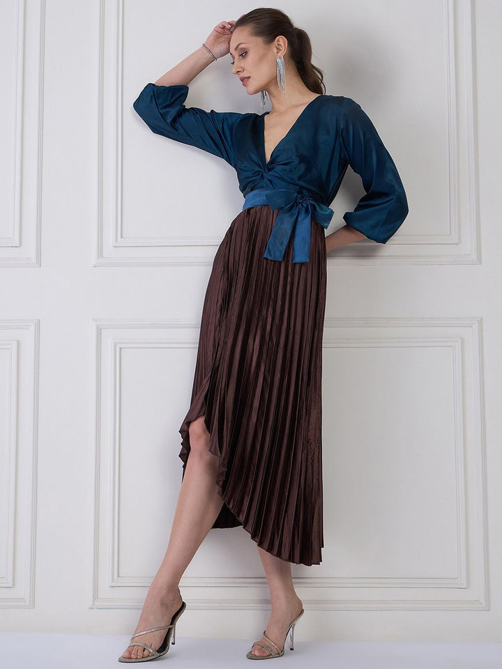 Antheaa Women Striped Satin Midi Dress