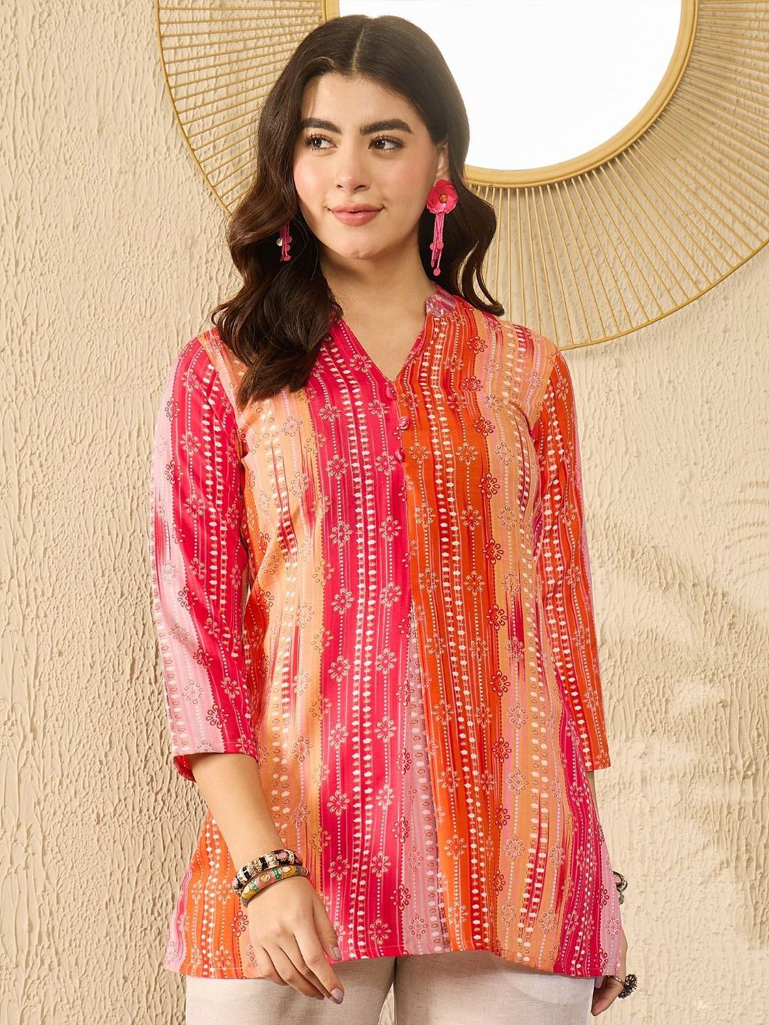 KALINI Women Floral Printed Mandarin Collar Top