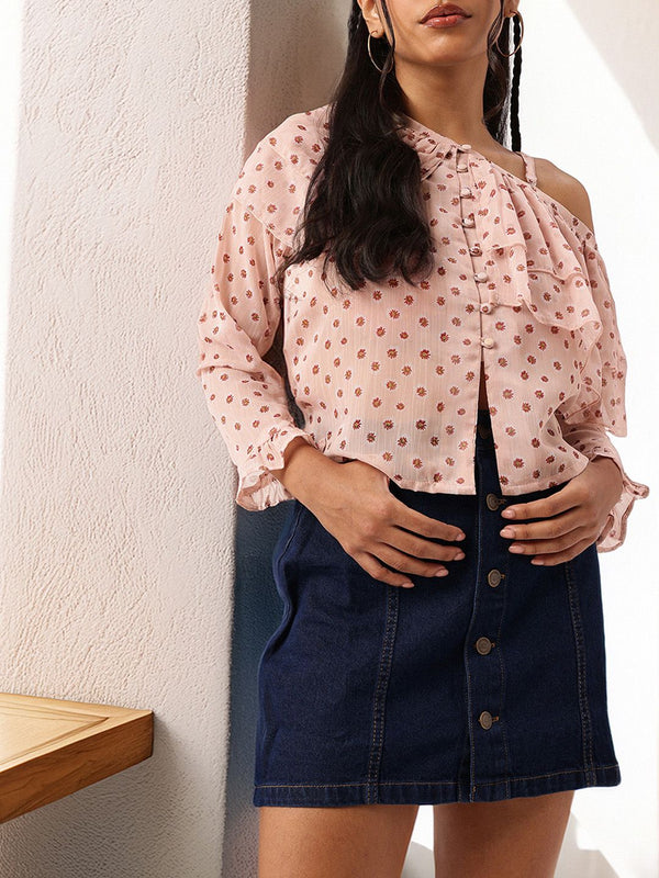 DressBerry Ruffles One-Shoulder Semi Sheer Top