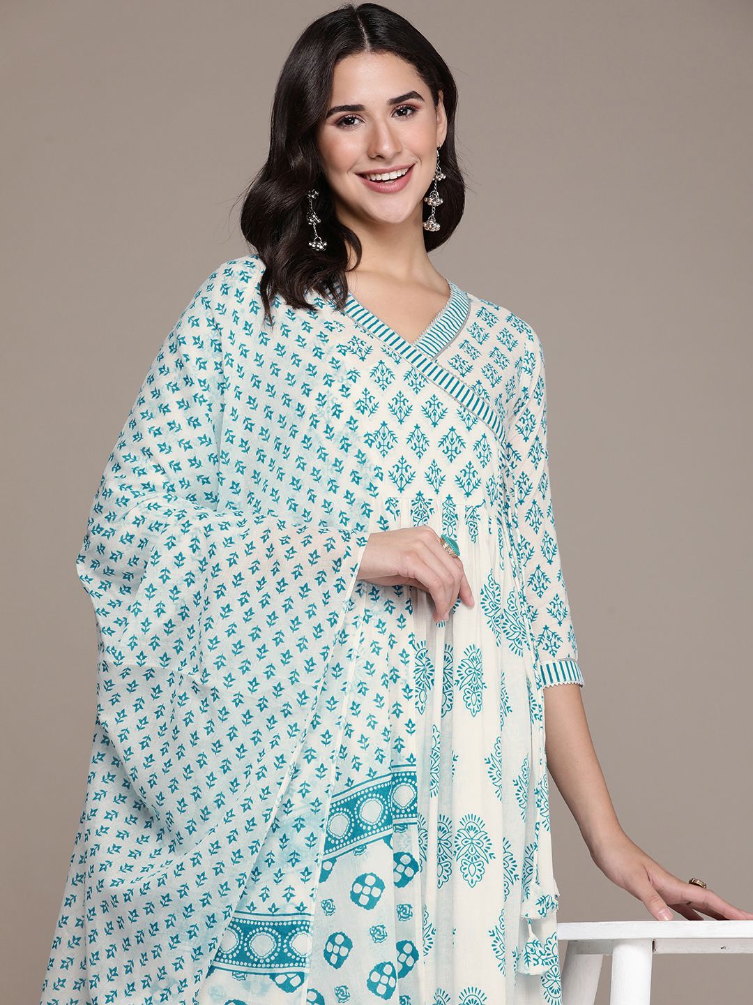 Anouk Women Floral Printed Angrakha Gotta Patti Cotton Kurta with Trousers & Dupatta