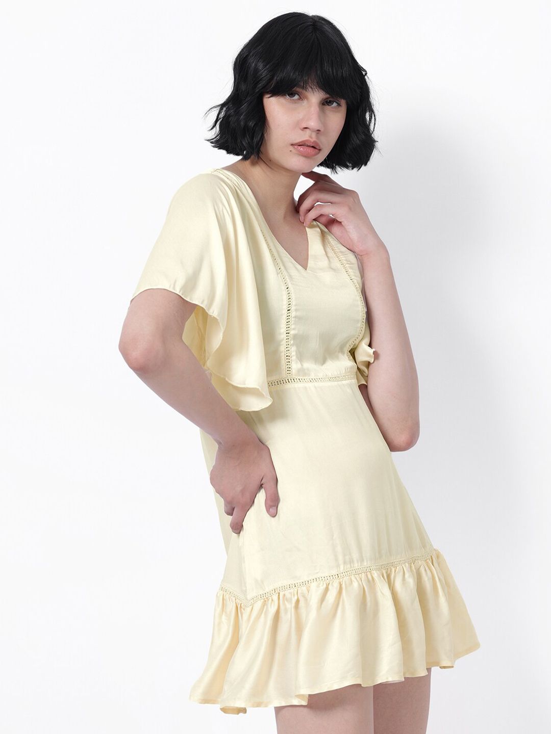 RAREISM V-Neck Flared Sleeves Cotton A-Line Mini Dress