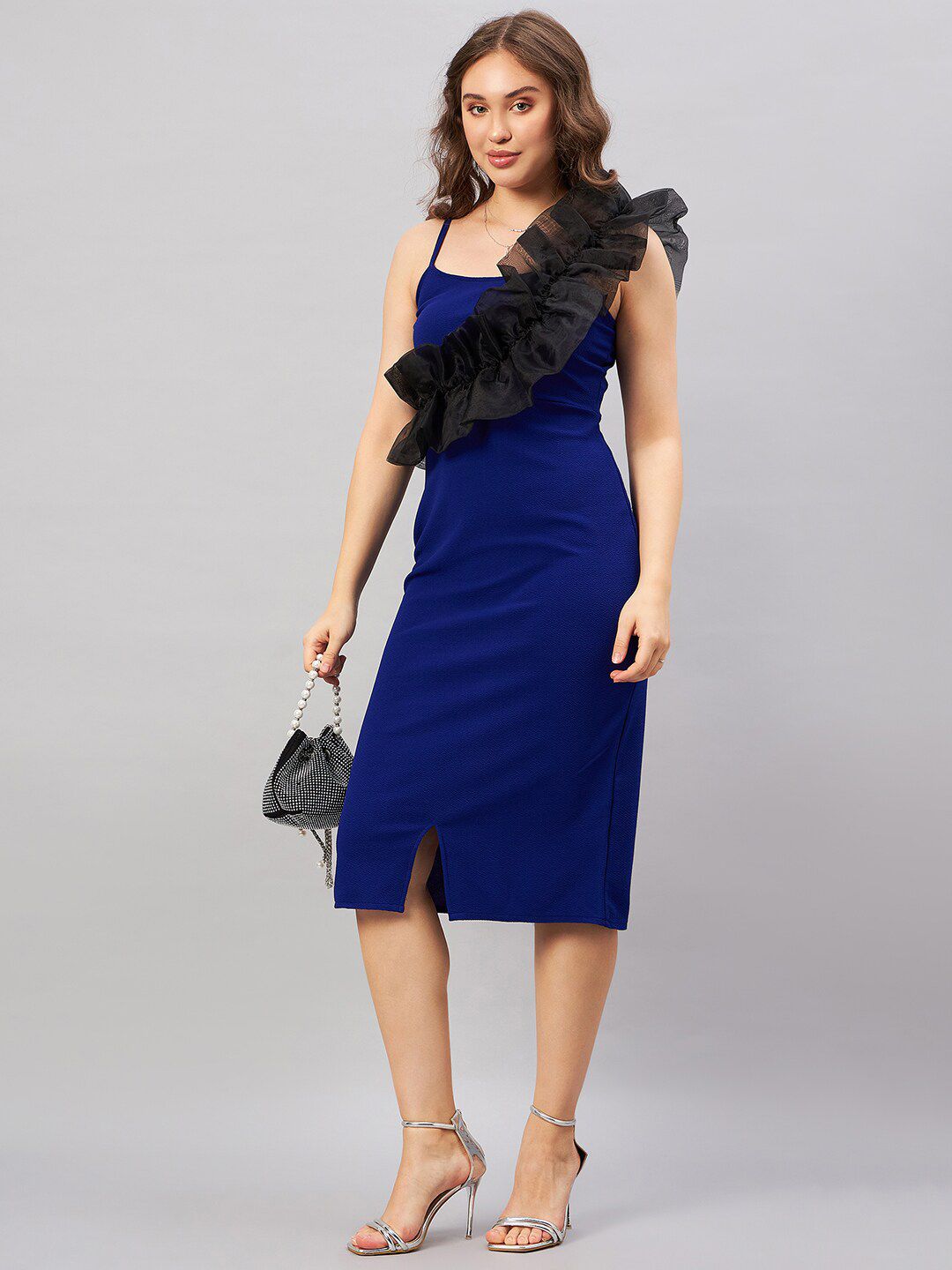 Antheaa Blue & Black Shoulder Strap Sleeveless Ruffled Sheath Midi Dress