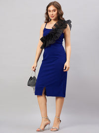 Antheaa Blue & Black Shoulder Strap Sleeveless Ruffled Sheath Midi Dress