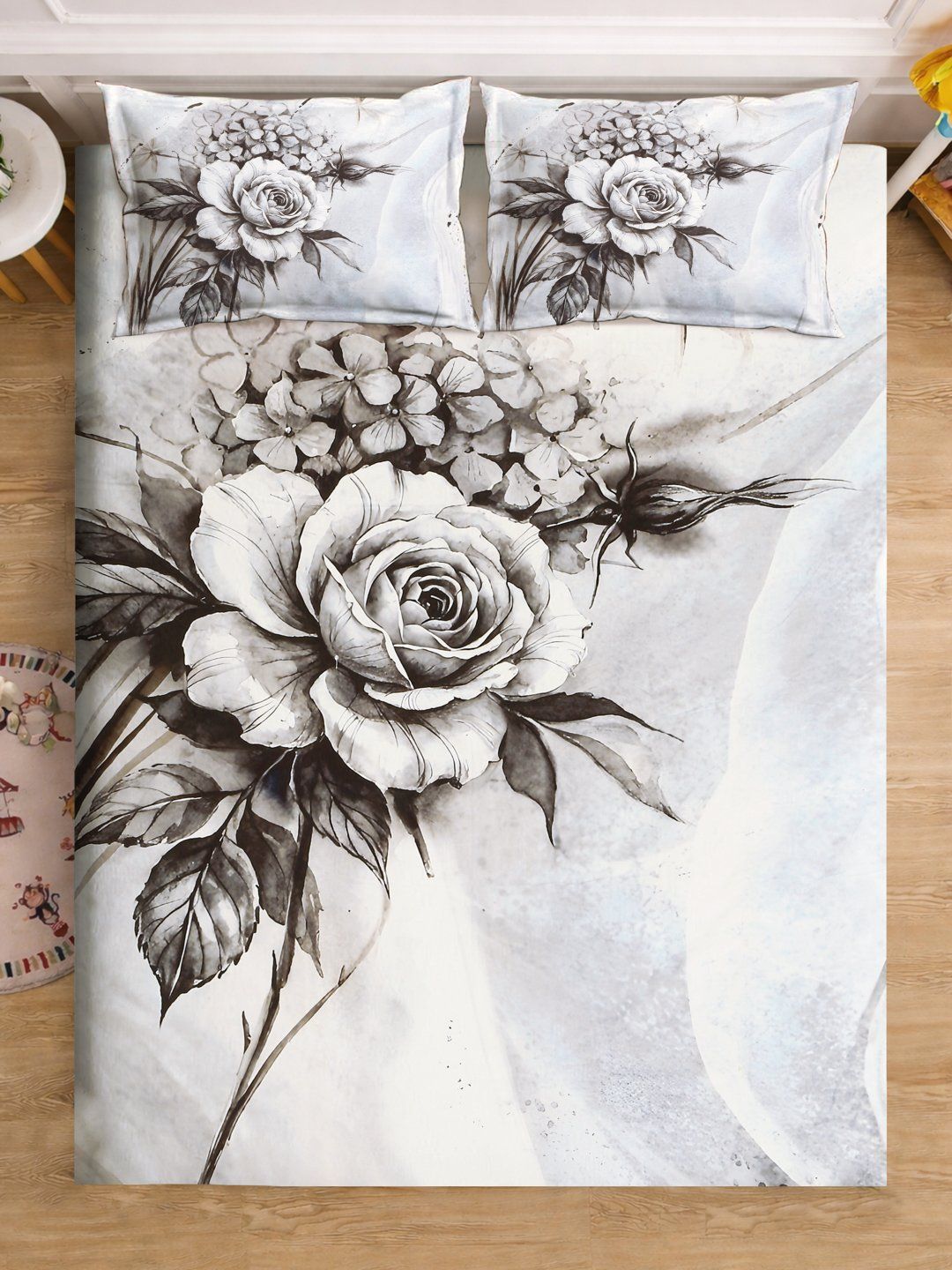 Myntra Elegant Homes White Floral 300 TC King Bedsheet with 2 Pillow Covers