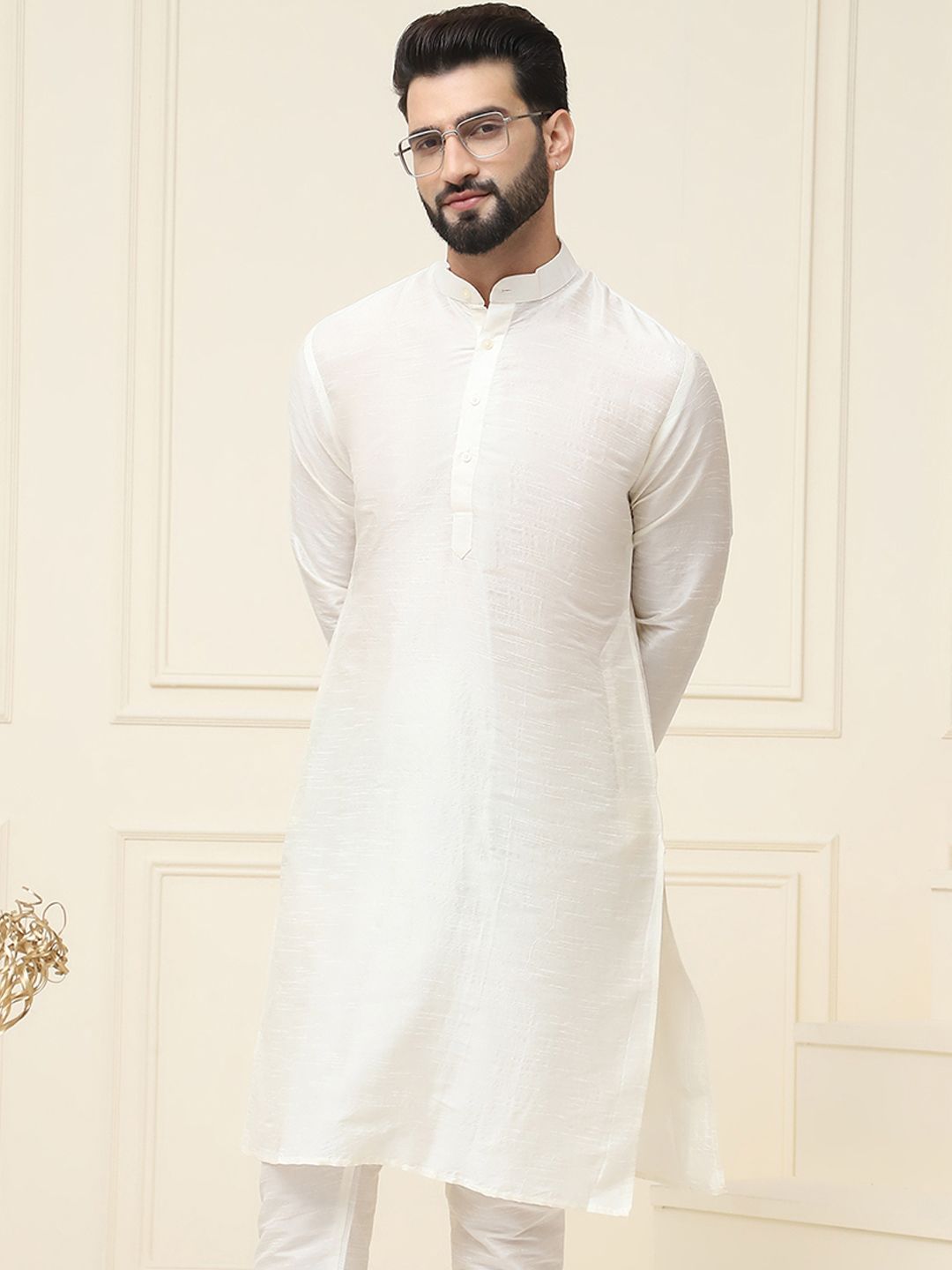 SOJANYA Lelaki Off-White Solid Kurta Lurus