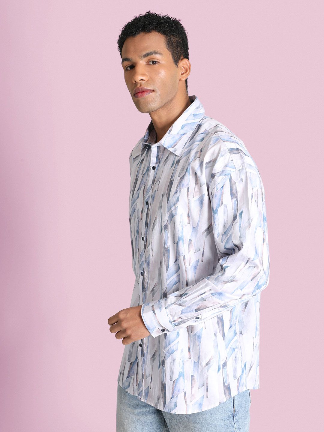 Bene Kleed Men Classic Spread Collar Abstract Printed Cotton Oversized Casual Shirt