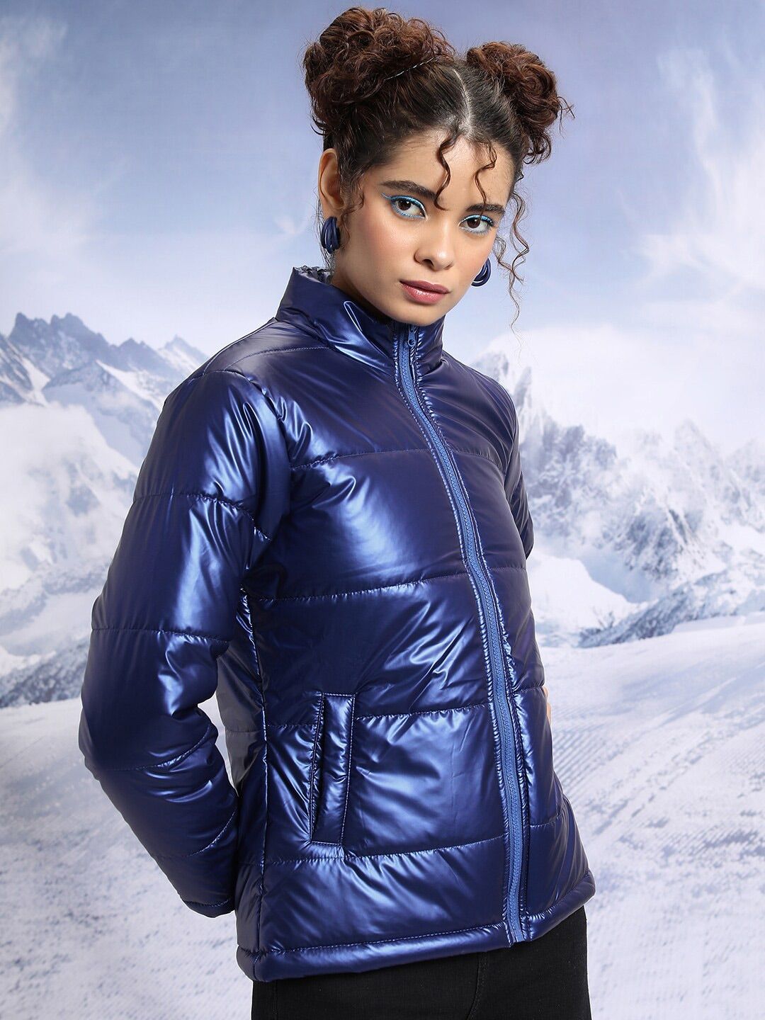 Tokyo Talkies Navy Blue Stand Collar Padded Jacket