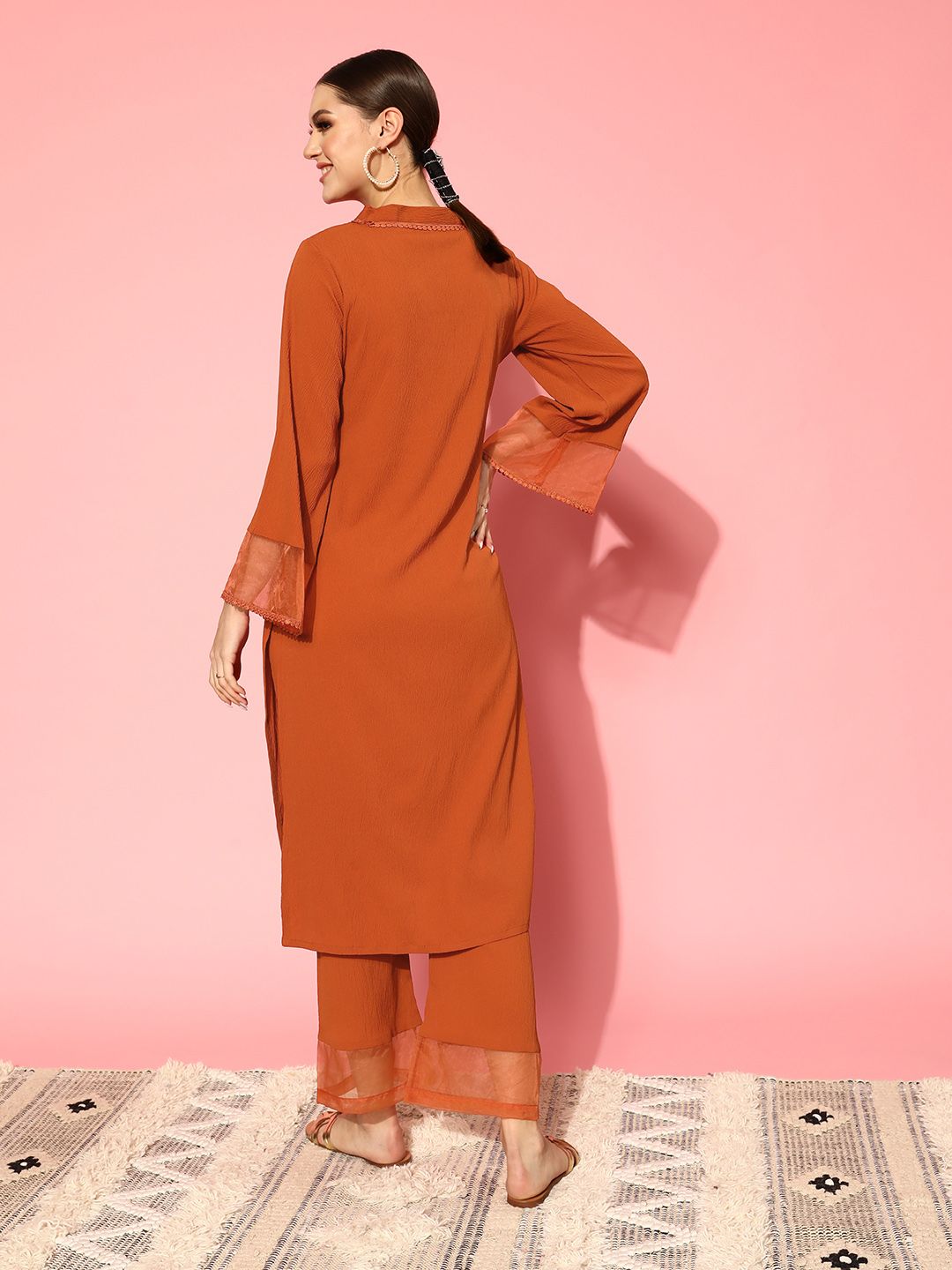 Varanga Rust Flared Sleeve Organza detailed V Neck Textured Kurta with Palazzo