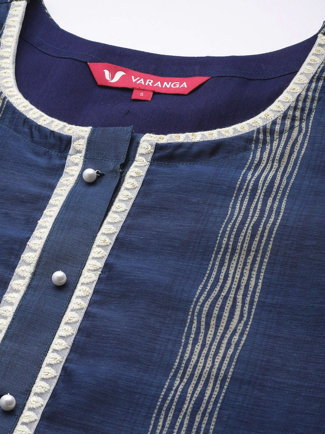 Varanga Women Navy Blue Printed Sequinned Chanderi Silk Kurta with Trousers