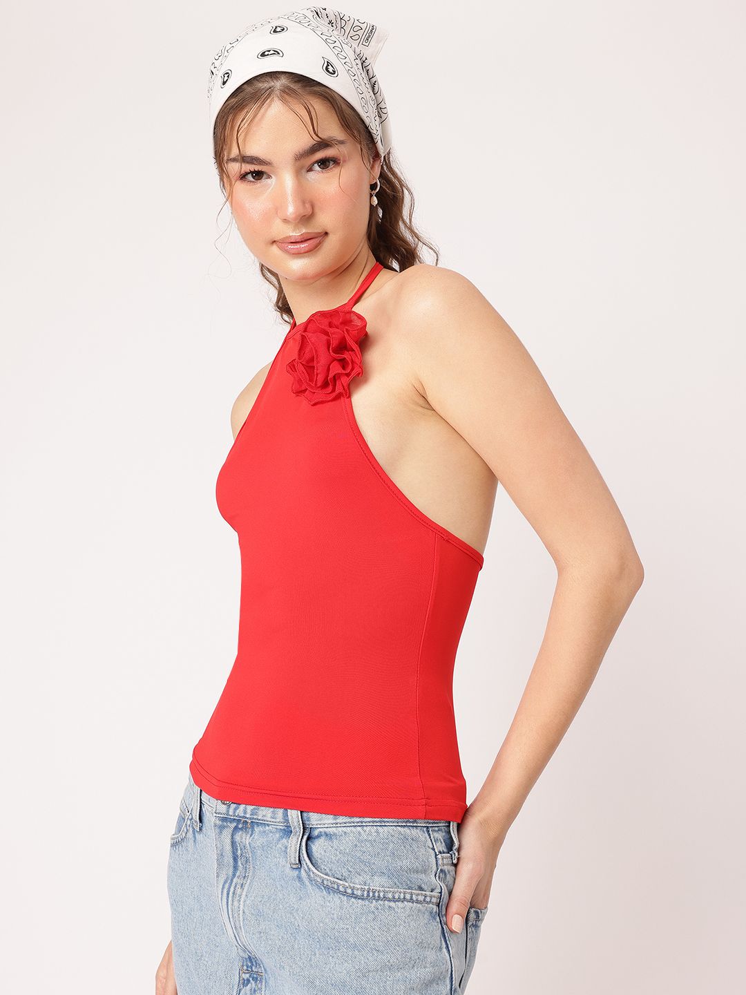 DressBerry Scarlet Statement Applique-Detail Halter Neck Top