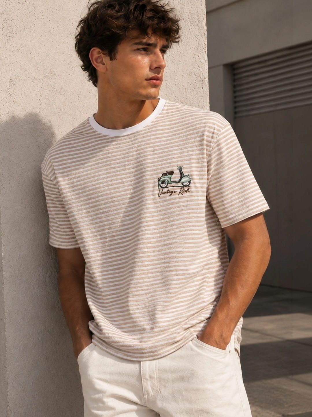 Eszett Drop Shoulder Vintage Ride Cream Striped Embroidered Cotton Round Neck Oversized Fit T-shirt