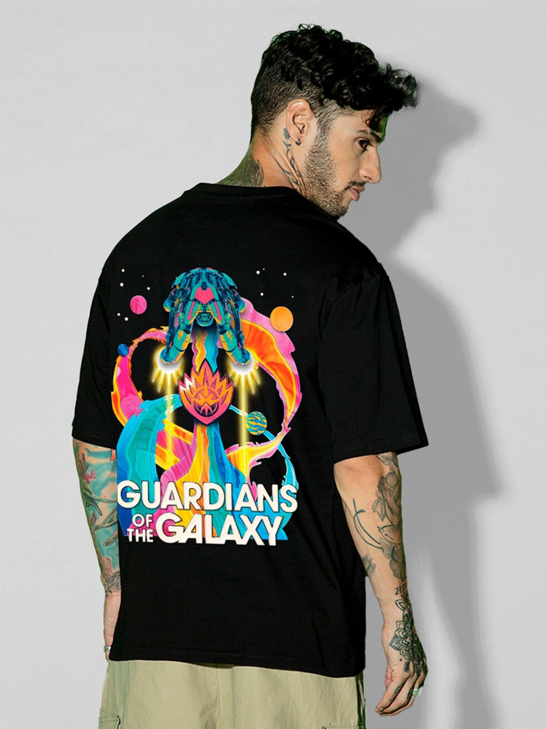 Bewakoof x OFFICIAL MARVEL MERCHANDISE Men Galaxy Ship Graphic Pure Cotton Printed Oversized T-shirt