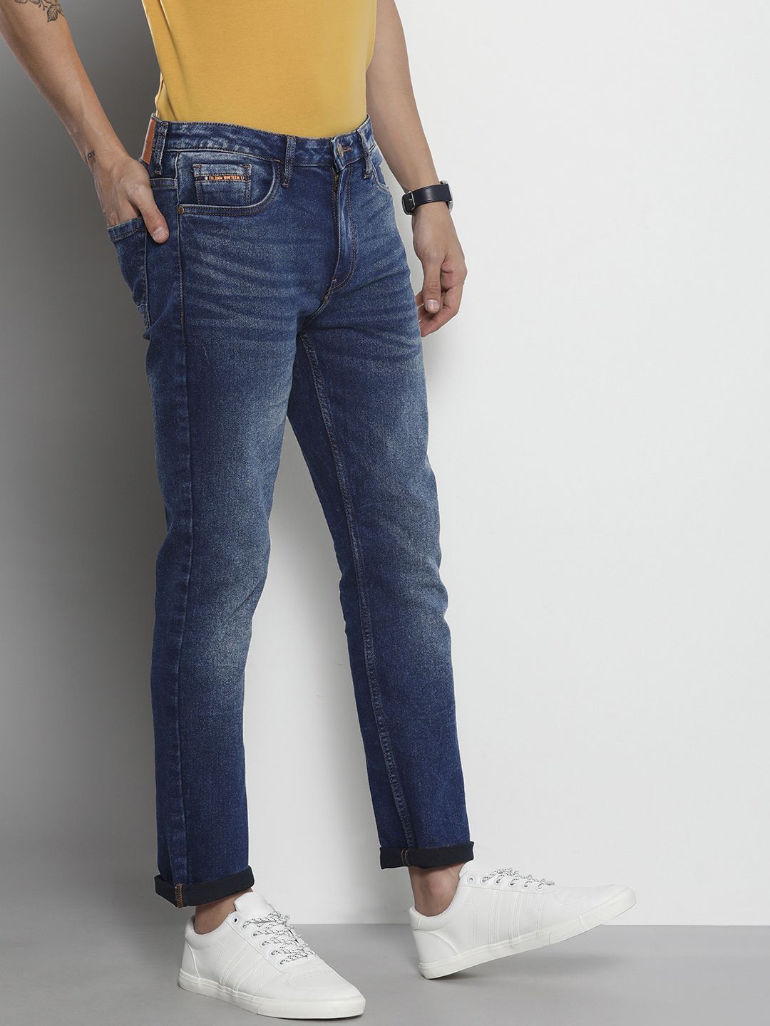The Indian Garage Co Men Navy Blue Slim Fit Light Fade Stretchable Jeans