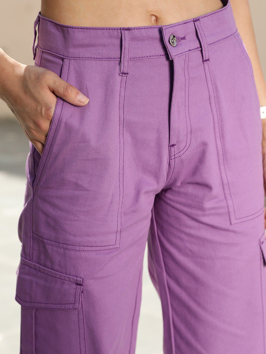 STREET 9 Women Lavender Relaxed High-Rise Cotton Cargo Trousers